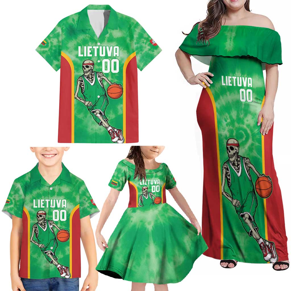 Lithuania Tie Dye Basketball Custom Family Matching Off Shoulder Maxi Dress and Hawaiian Shirt Lietuva Skeleton Green - Wonder Print Shop