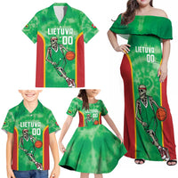 Lithuania Tie Dye Basketball Custom Family Matching Off Shoulder Maxi Dress and Hawaiian Shirt Lietuva Skeleton Green - Wonder Print Shop