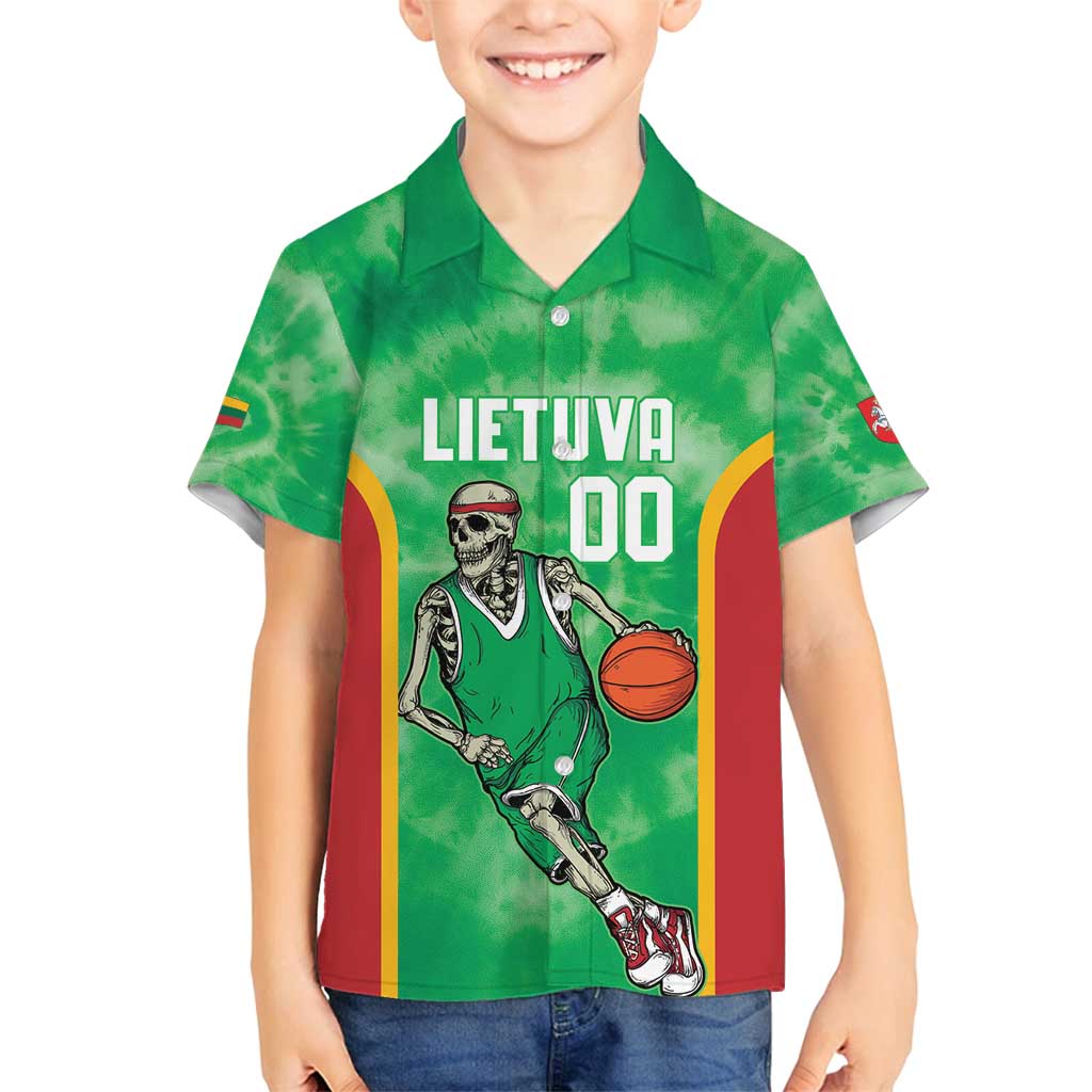 Lithuania Tie Dye Basketball Custom Family Matching Off Shoulder Maxi Dress and Hawaiian Shirt Lietuva Skeleton Green - Wonder Print Shop