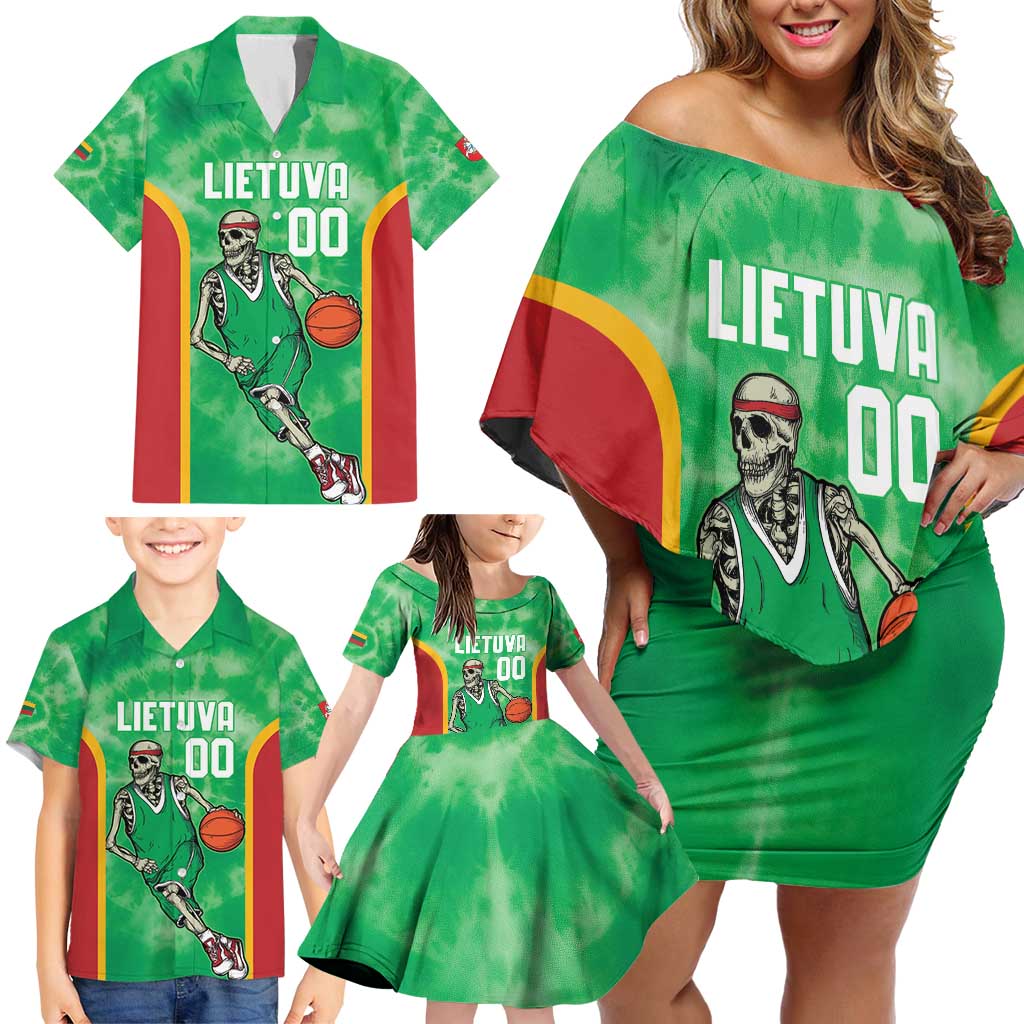 Lithuania Tie Dye Basketball Custom Family Matching Off Shoulder Short Dress and Hawaiian Shirt Lietuva Skeleton Green - Wonder Print Shop