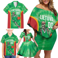 Lithuania Tie Dye Basketball Custom Family Matching Off Shoulder Short Dress and Hawaiian Shirt Lietuva Skeleton Green - Wonder Print Shop