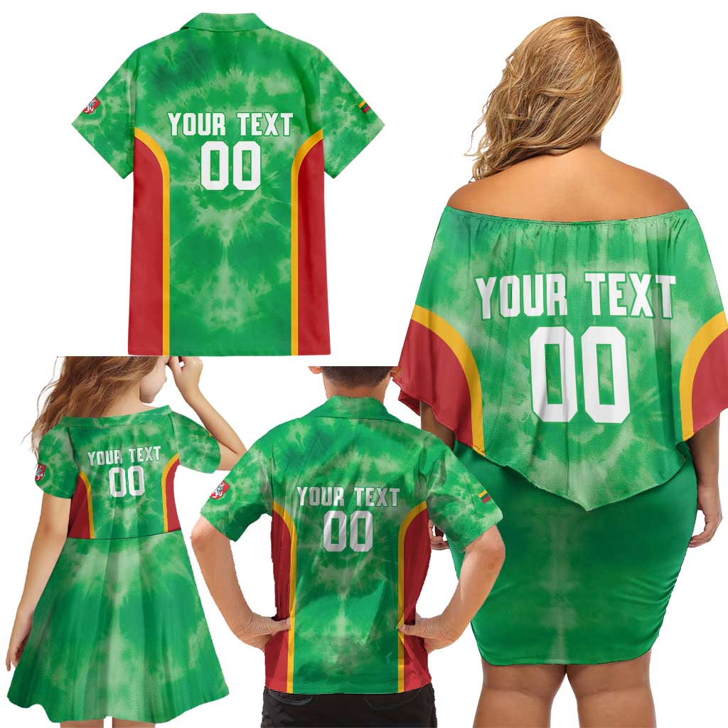 Lithuania Tie Dye Basketball Custom Family Matching Off Shoulder Short Dress and Hawaiian Shirt Lietuva Skeleton Green - Wonder Print Shop
