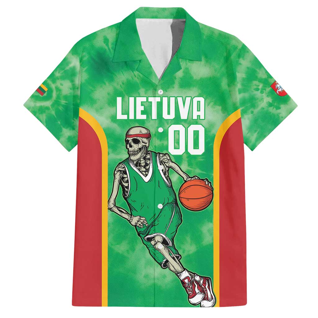 Lithuania Tie Dye Basketball Custom Family Matching Off Shoulder Short Dress and Hawaiian Shirt Lietuva Skeleton Green - Wonder Print Shop