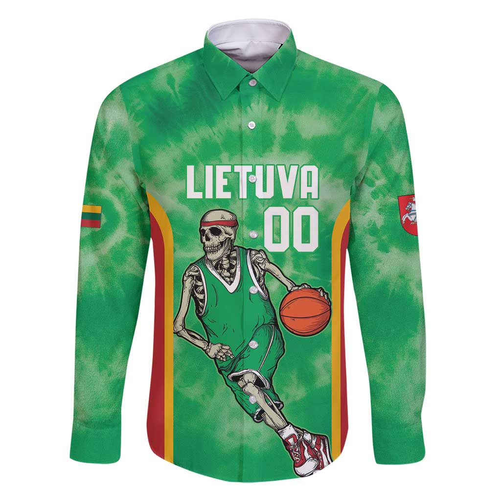 Lithuania Tie Dye Basketball Custom Family Matching Off Shoulder Short Dress and Hawaiian Shirt Lietuva Skeleton Green - Wonder Print Shop