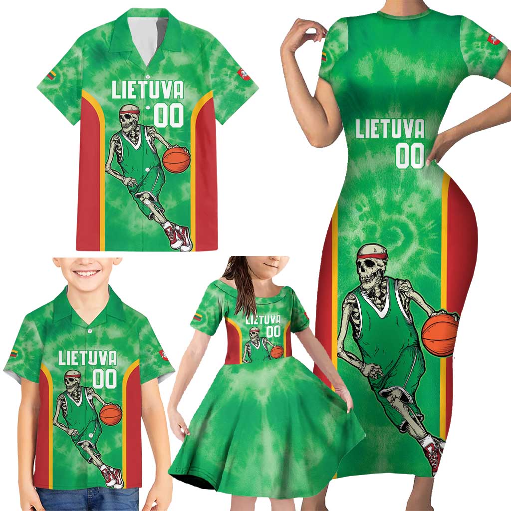 Lithuania Tie Dye Basketball Custom Family Matching Short Sleeve Bodycon Dress and Hawaiian Shirt Lietuva Skeleton Green - Wonder Print Shop