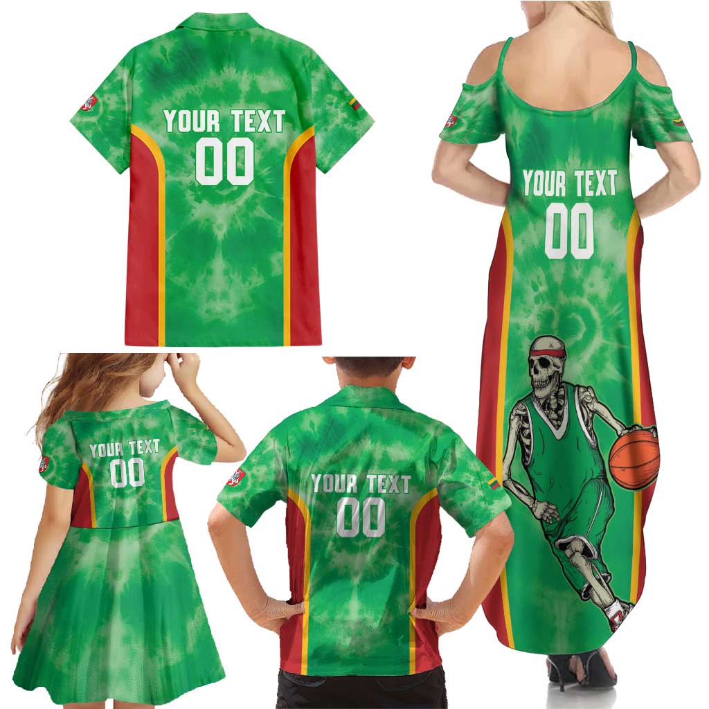 Lithuania Tie Dye Basketball Custom Family Matching Summer Maxi Dress and Hawaiian Shirt Lietuva Skeleton Green - Wonder Print Shop