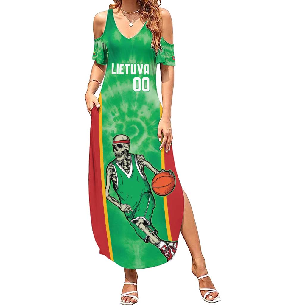 Lithuania Tie Dye Basketball Custom Family Matching Summer Maxi Dress and Hawaiian Shirt Lietuva Skeleton Green - Wonder Print Shop