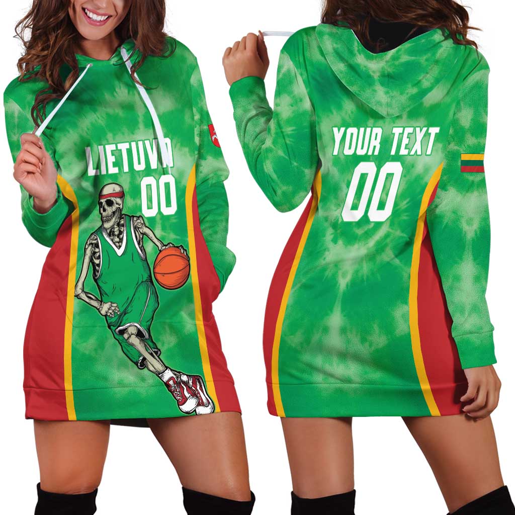 Lithuania Tie Dye Basketball Custom Hoodie Dress Lietuva Skeleton Green - Wonder Print Shop