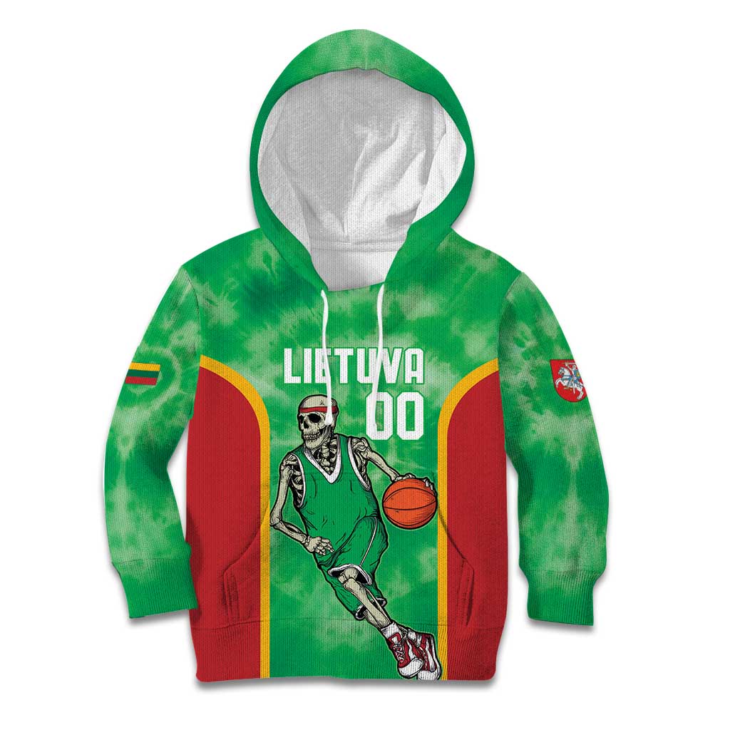 Lithuania Tie Dye Basketball Custom Kid Hoodie Lietuva Skeleton Green - Wonder Print Shop