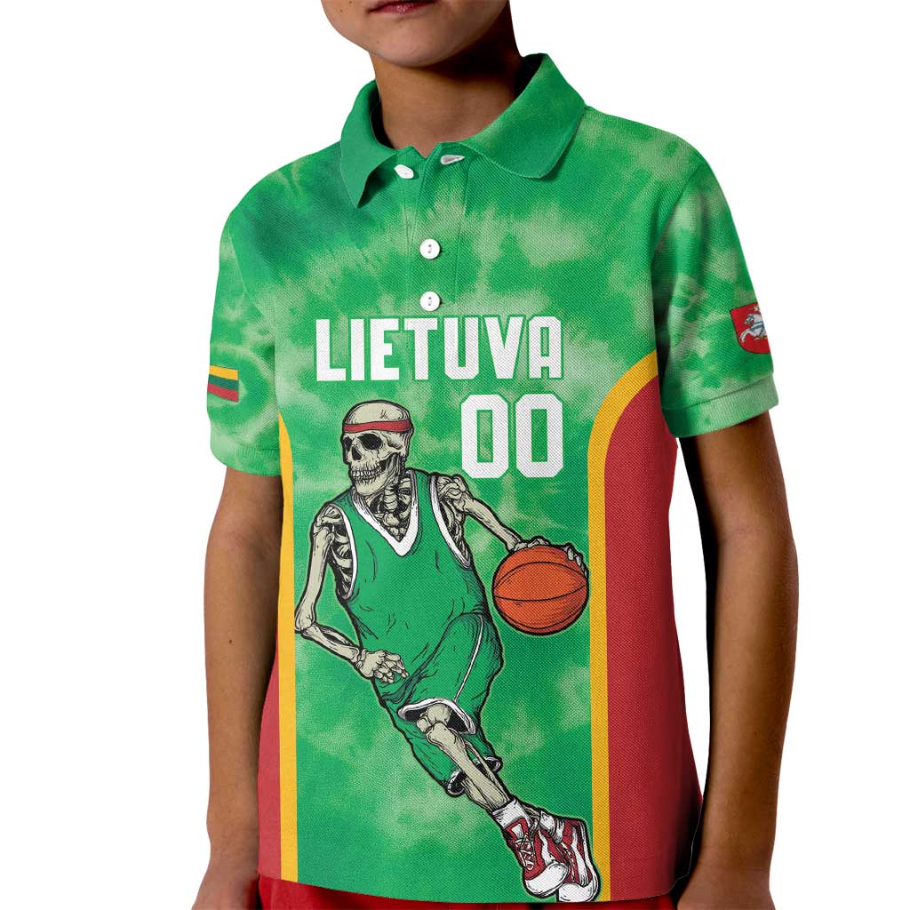 Lithuania Tie Dye Basketball Custom Kid Polo Shirt Lietuva Skeleton Green - Wonder Print Shop
