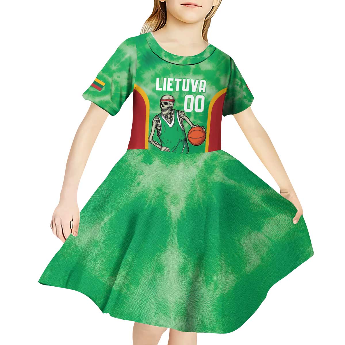 Lithuania Tie Dye Basketball Custom Kid Short Sleeve Dress Lietuva Skeleton Green - Wonder Print Shop