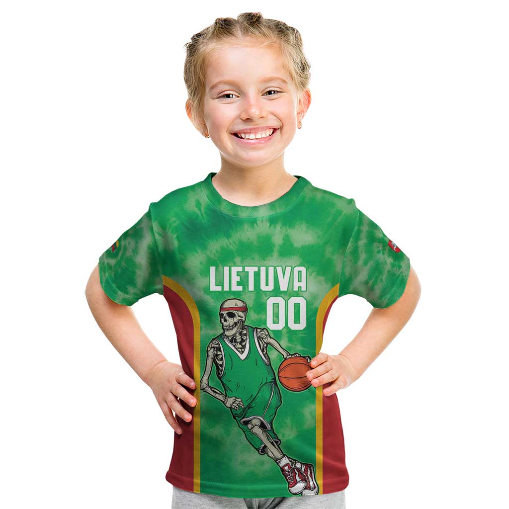 Lithuania Tie Dye Basketball Custom Kid T Shirt Lietuva Skeleton Green - Wonder Print Shop