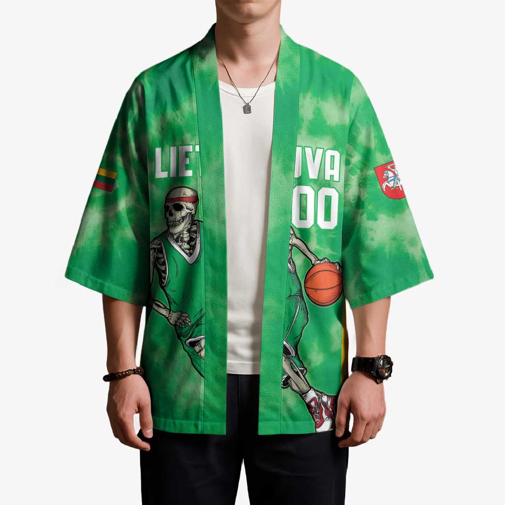 Lithuania Tie Dye Basketball Custom Kimono Lietuva Skeleton Green - Wonder Print Shop