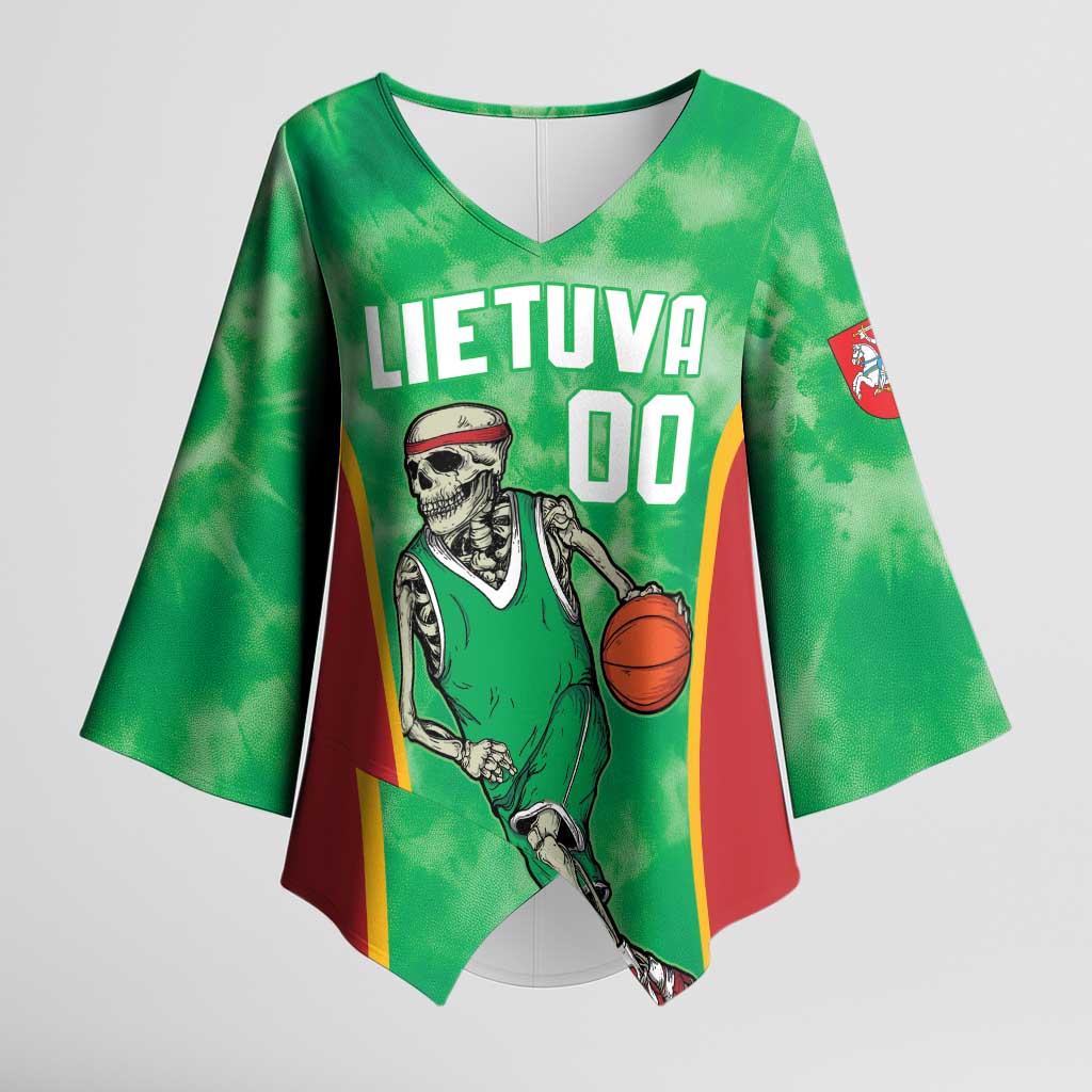 Lithuania Tie Dye Basketball Custom Kimono Sleeve Blouse Lietuva Skeleton Green - Wonder Print Shop