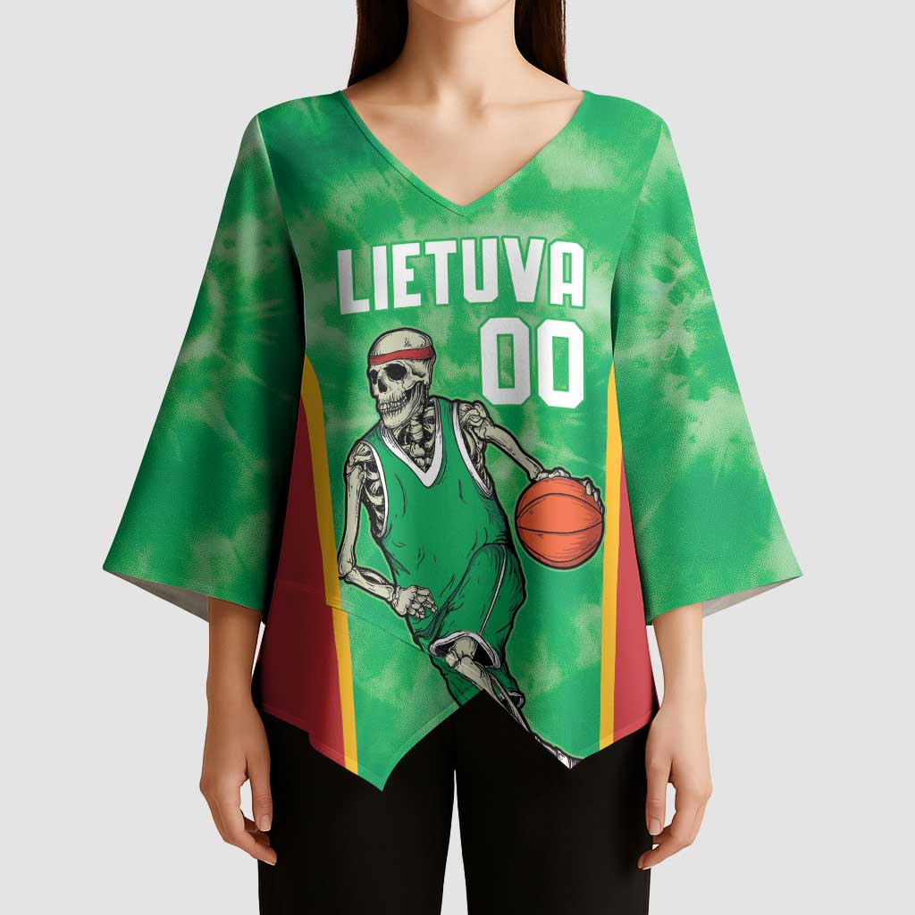 Lithuania Tie Dye Basketball Custom Kimono Sleeve Blouse Lietuva Skeleton Green - Wonder Print Shop