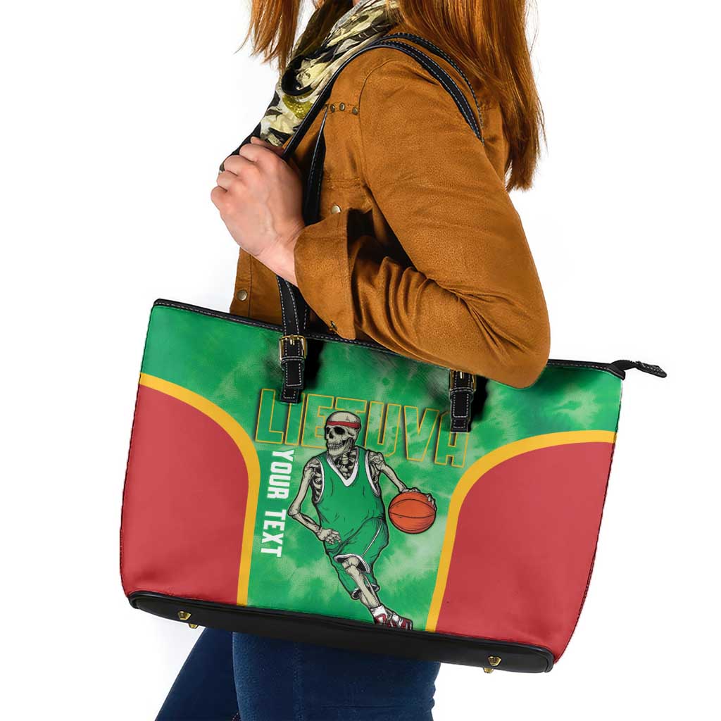 Lithuania Tie Dye Basketball Custom Leather Tote Bag Lietuva Skeleton Green - Wonder Print Shop