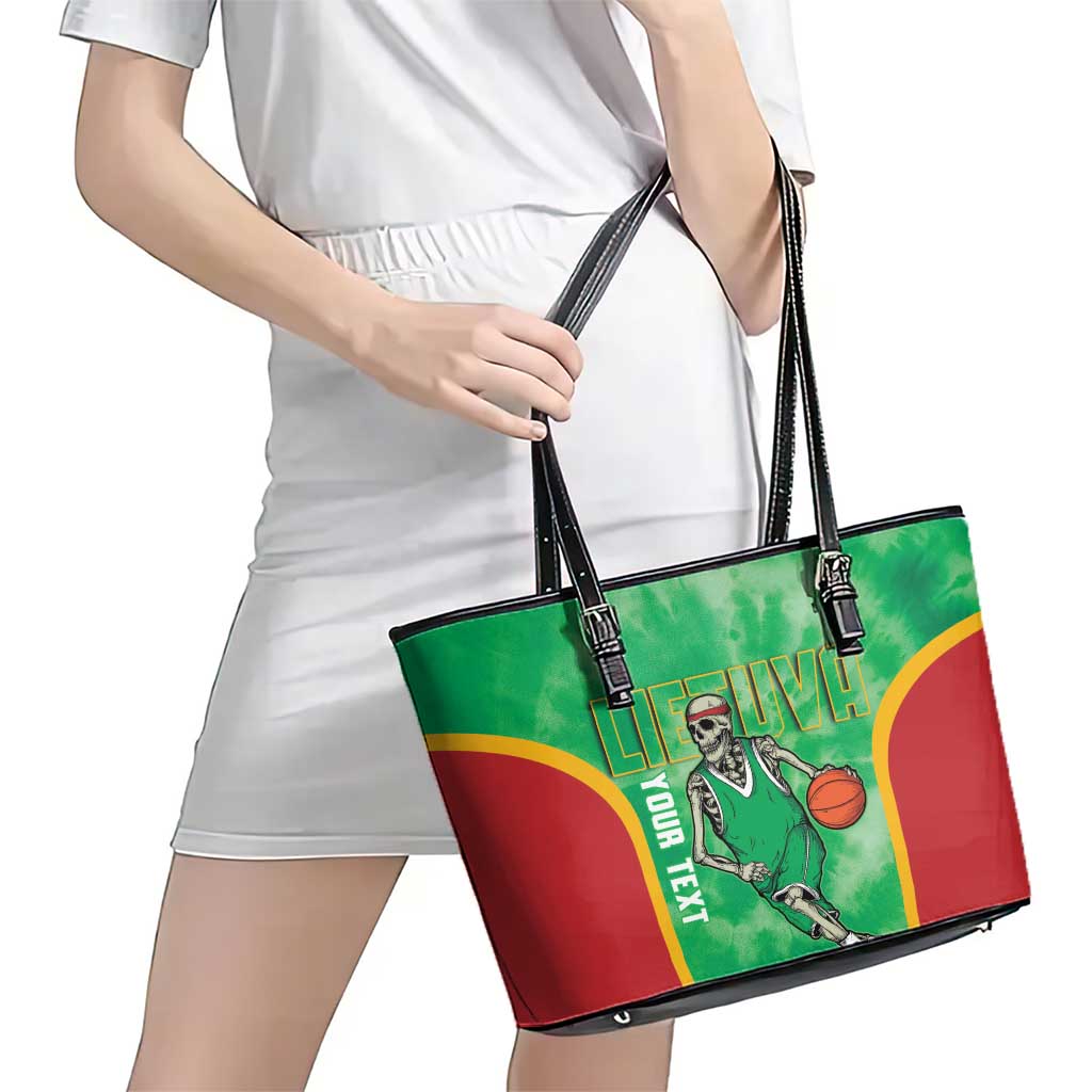 Lithuania Tie Dye Basketball Custom Leather Tote Bag Lietuva Skeleton Green - Wonder Print Shop