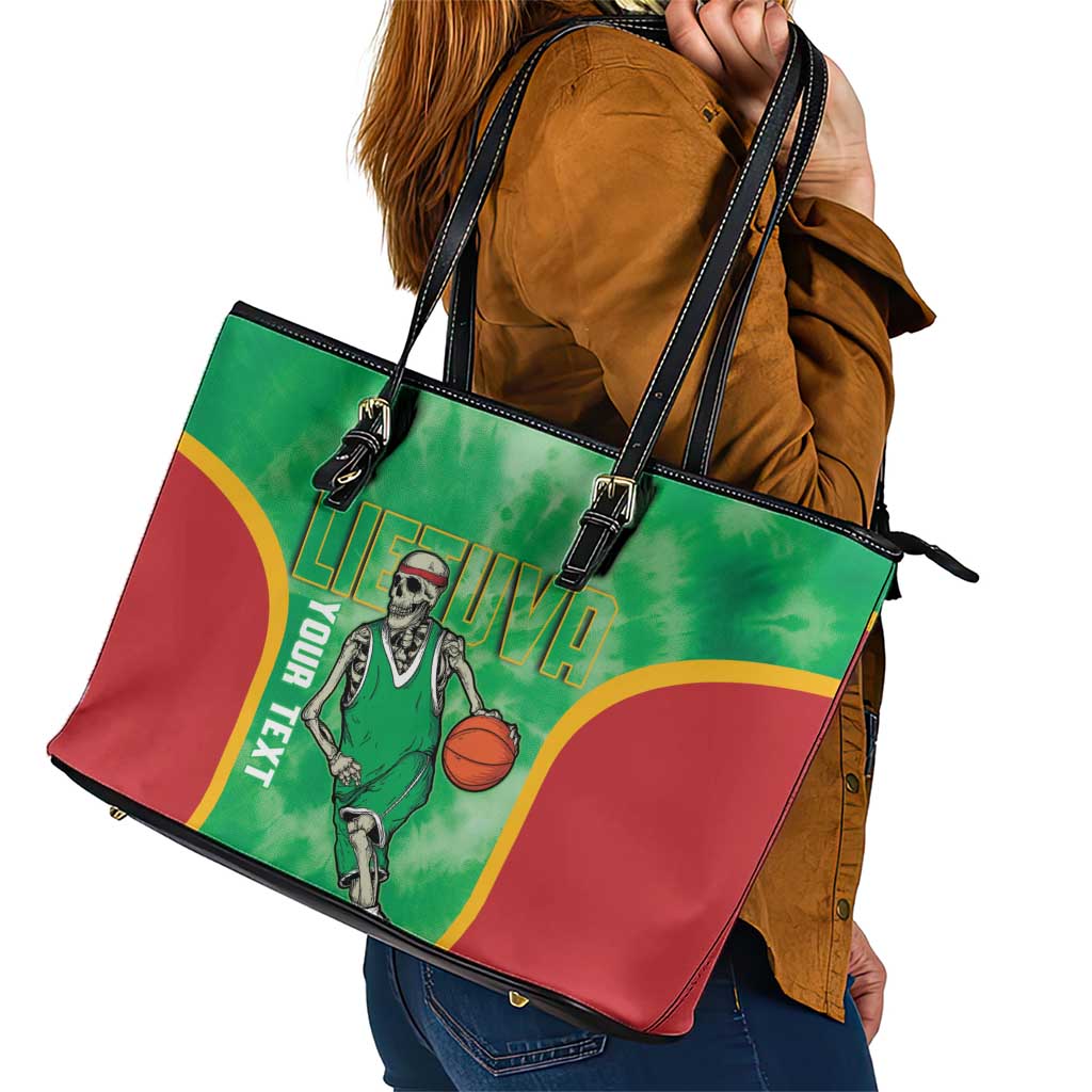 Lithuania Tie Dye Basketball Custom Leather Tote Bag Lietuva Skeleton Green - Wonder Print Shop