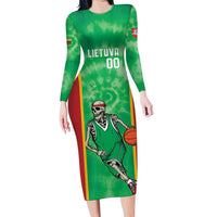 Lithuania Tie Dye Basketball Custom Long Sleeve Bodycon Dress Lietuva Skeleton Green - Wonder Print Shop