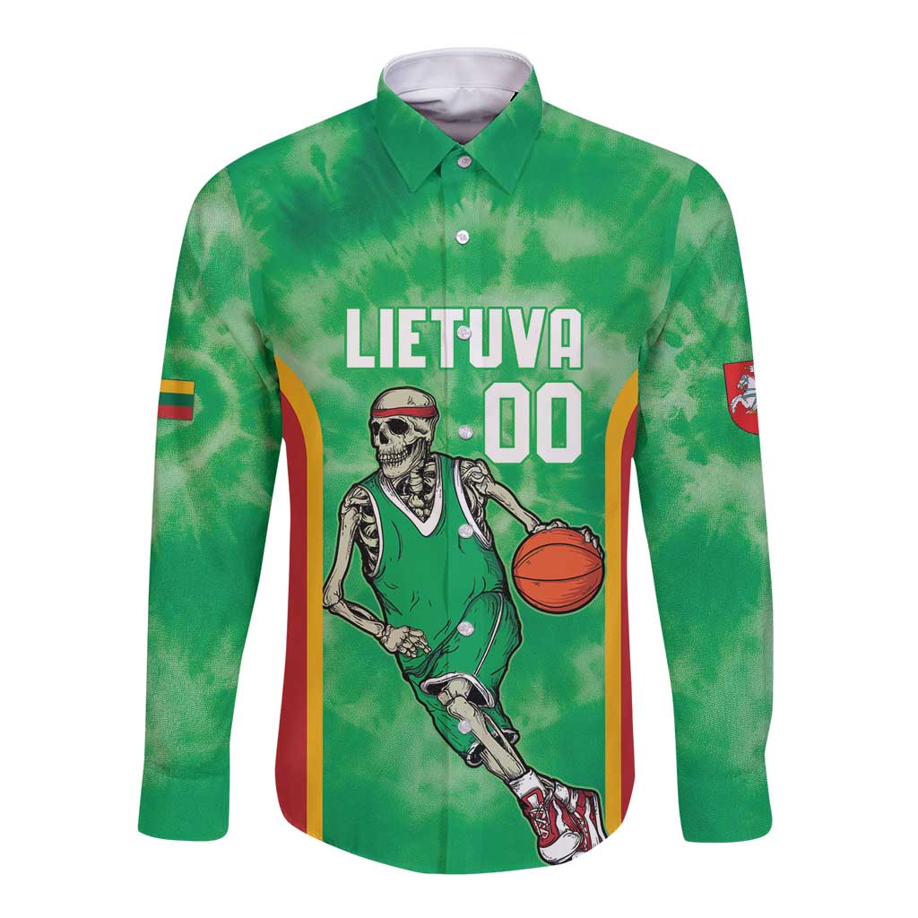 Lithuania Tie Dye Basketball Custom Long Sleeve Button Shirt Lietuva Skeleton Green - Wonder Print Shop
