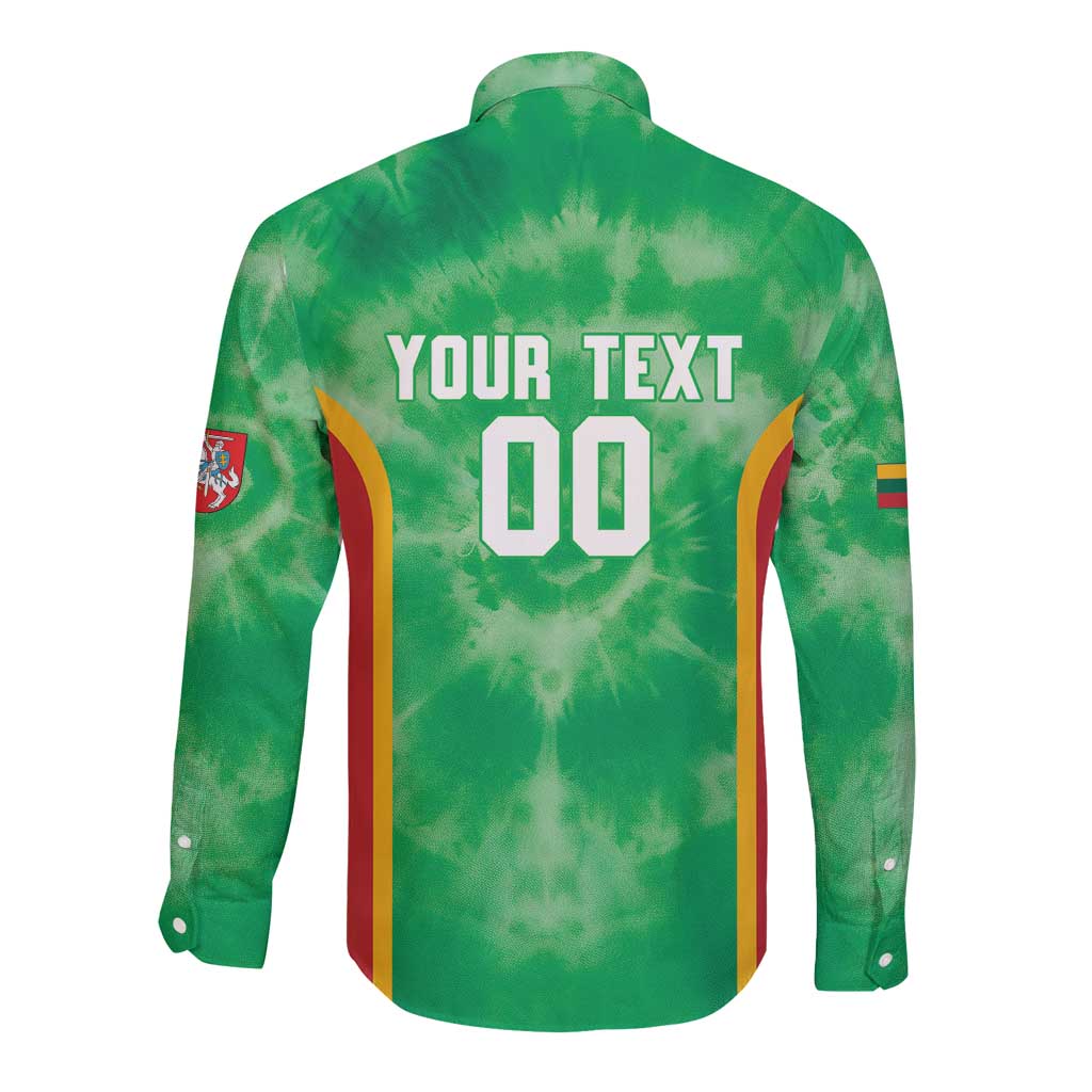 Lithuania Tie Dye Basketball Custom Long Sleeve Button Shirt Lietuva Skeleton Green - Wonder Print Shop