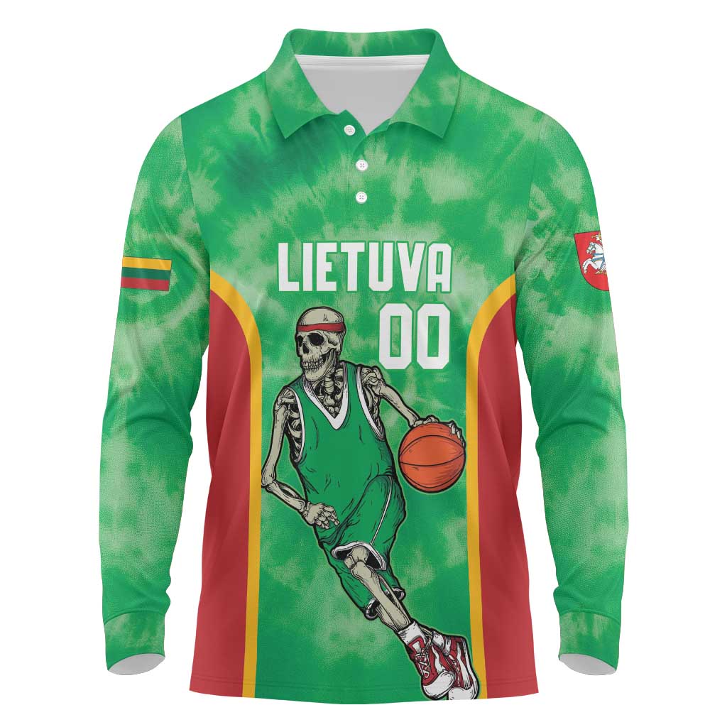 Lithuania Tie Dye Basketball Custom Long Sleeve Polo Shirt Lietuva Skeleton Green - Wonder Print Shop