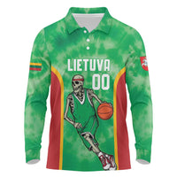 Lithuania Tie Dye Basketball Custom Long Sleeve Polo Shirt Lietuva Skeleton Green - Wonder Print Shop