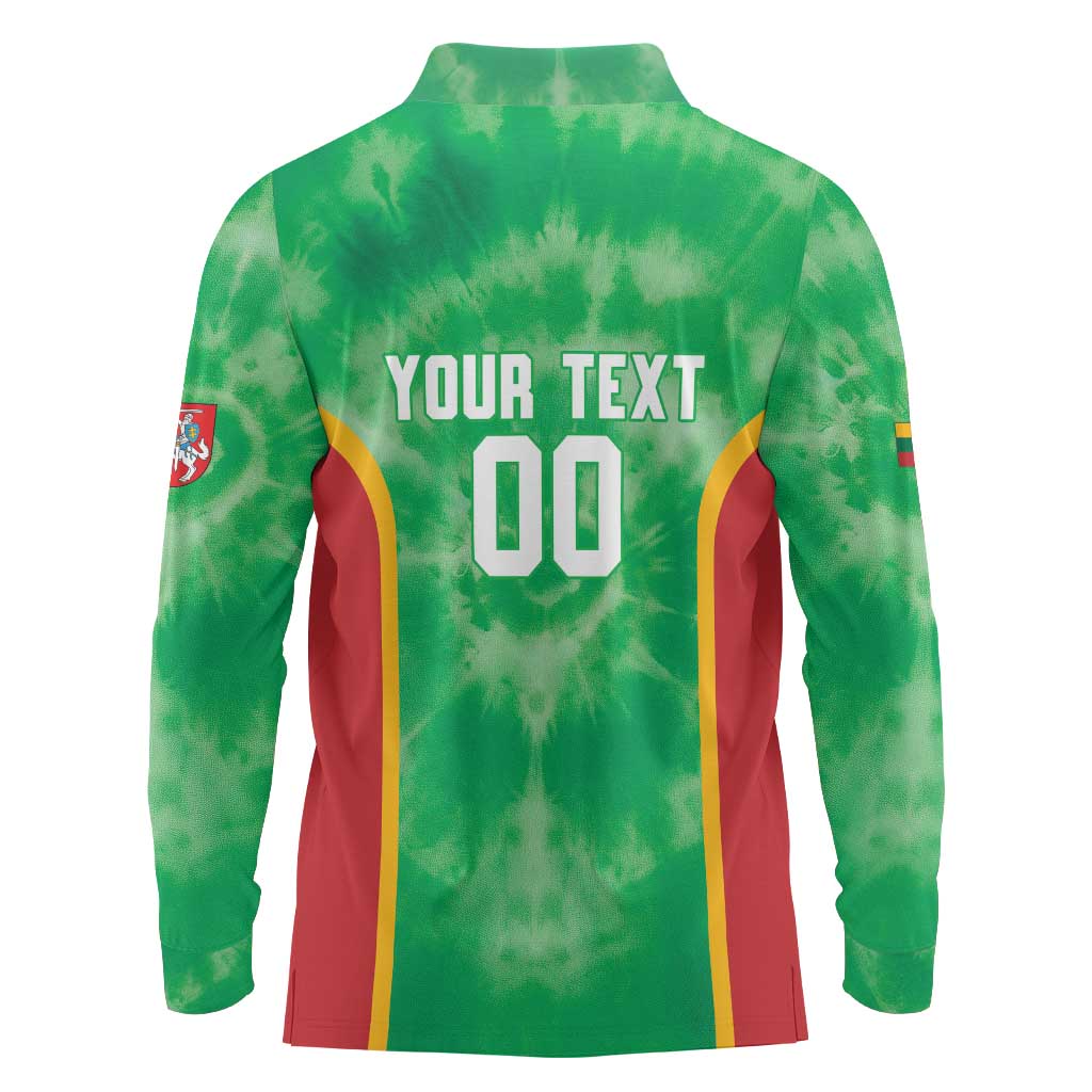 Lithuania Tie Dye Basketball Custom Long Sleeve Polo Shirt Lietuva Skeleton Green - Wonder Print Shop