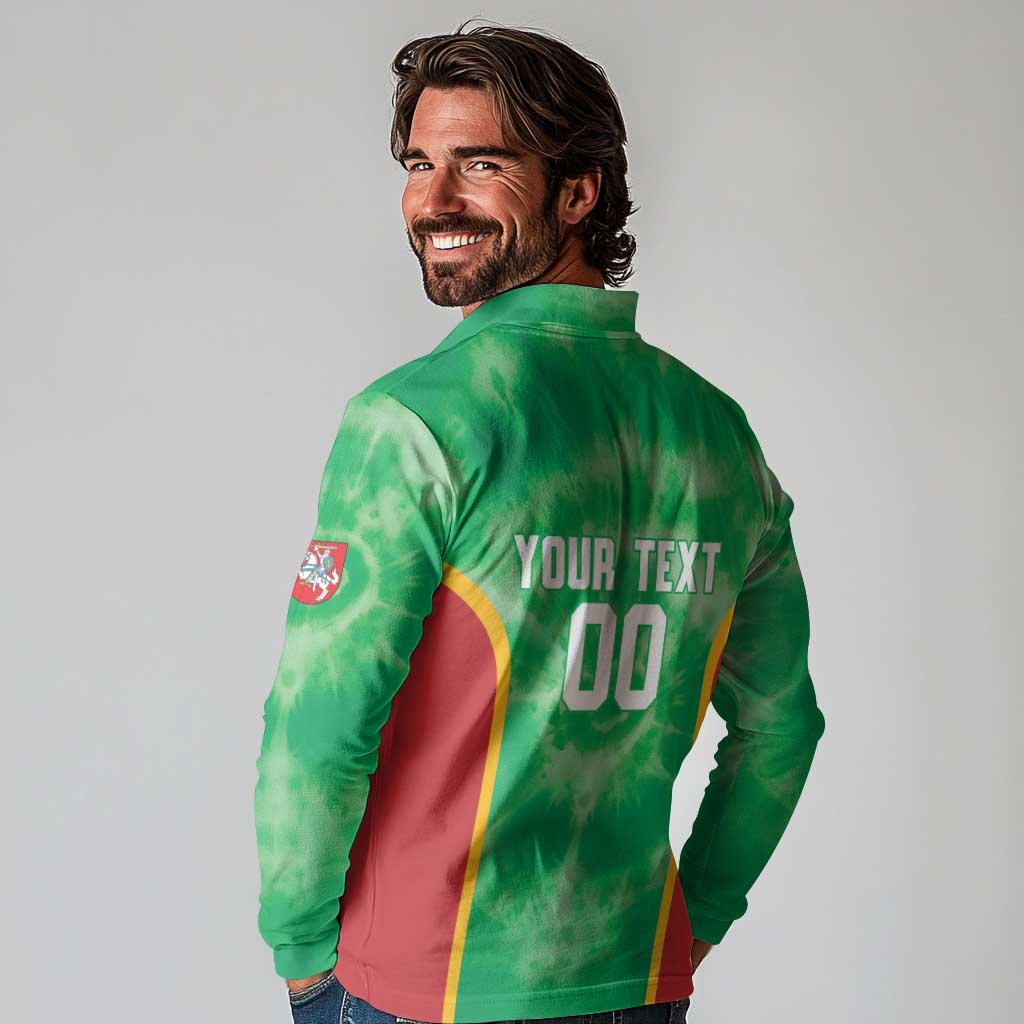 Lithuania Tie Dye Basketball Custom Long Sleeve Polo Shirt Lietuva Skeleton Green - Wonder Print Shop