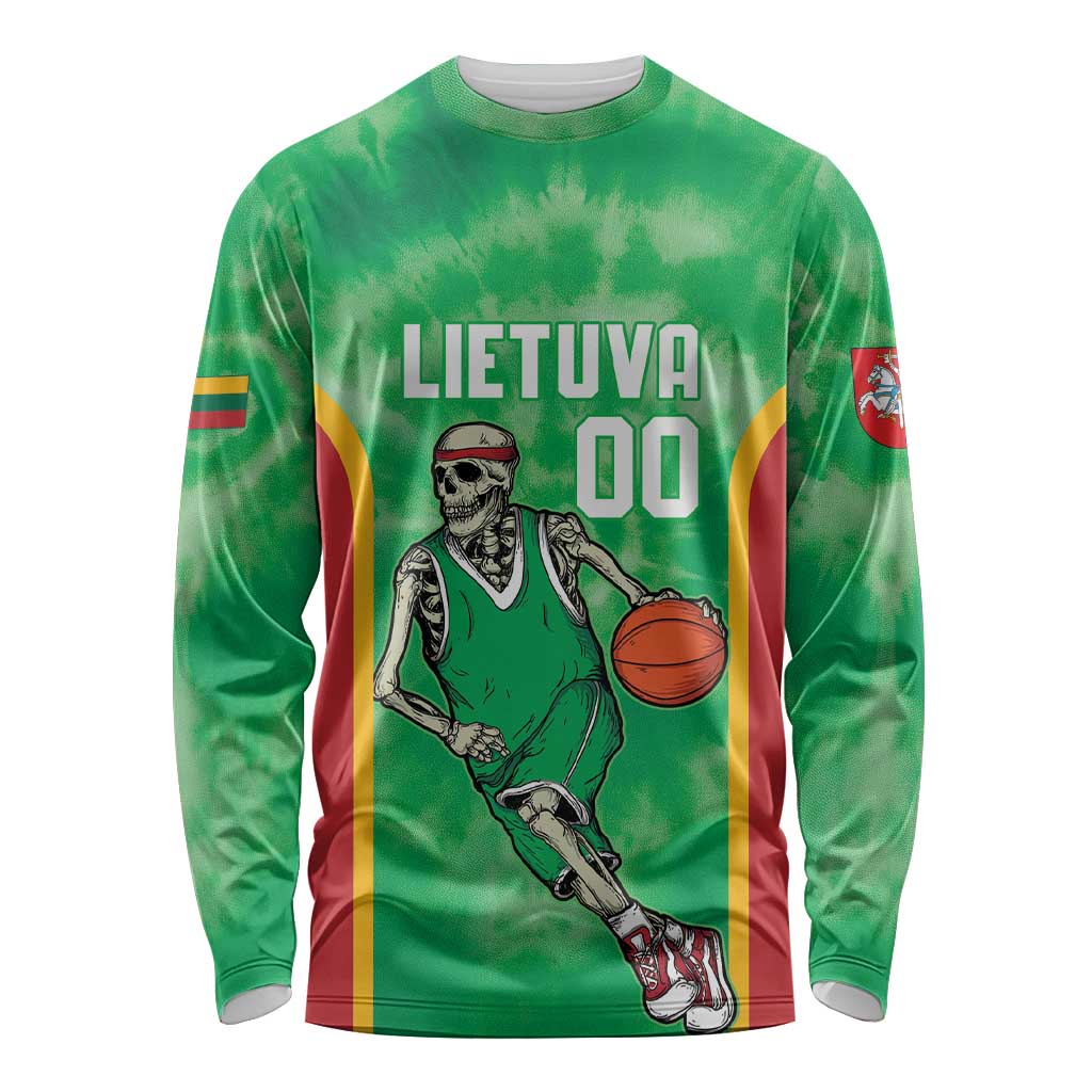 Lithuania Tie Dye Basketball Custom Long Sleeve Shirt Lietuva Skeleton Green - Wonder Print Shop