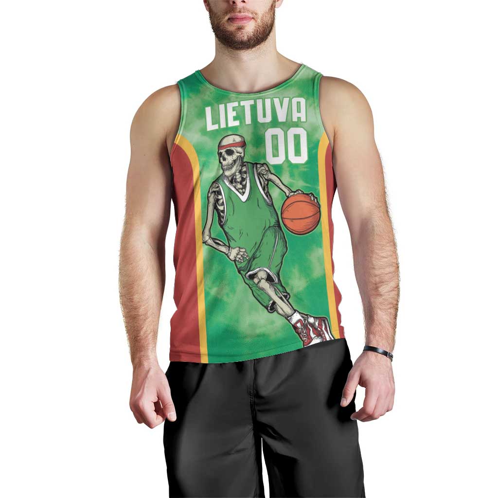 Lithuania Tie Dye Basketball Custom Men Tank Top Lietuva Skeleton Green - Wonder Print Shop