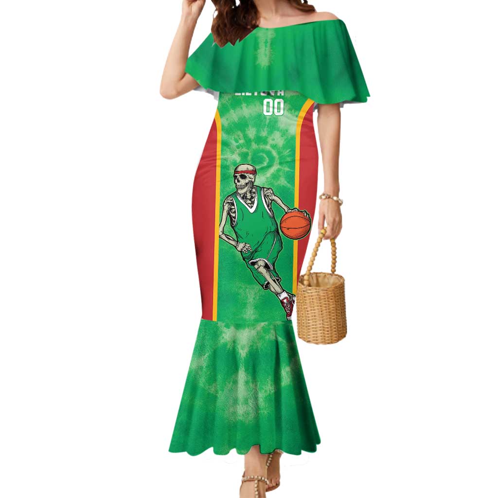 Lithuania Tie Dye Basketball Custom Mermaid Dress Lietuva Skeleton Green - Wonder Print Shop