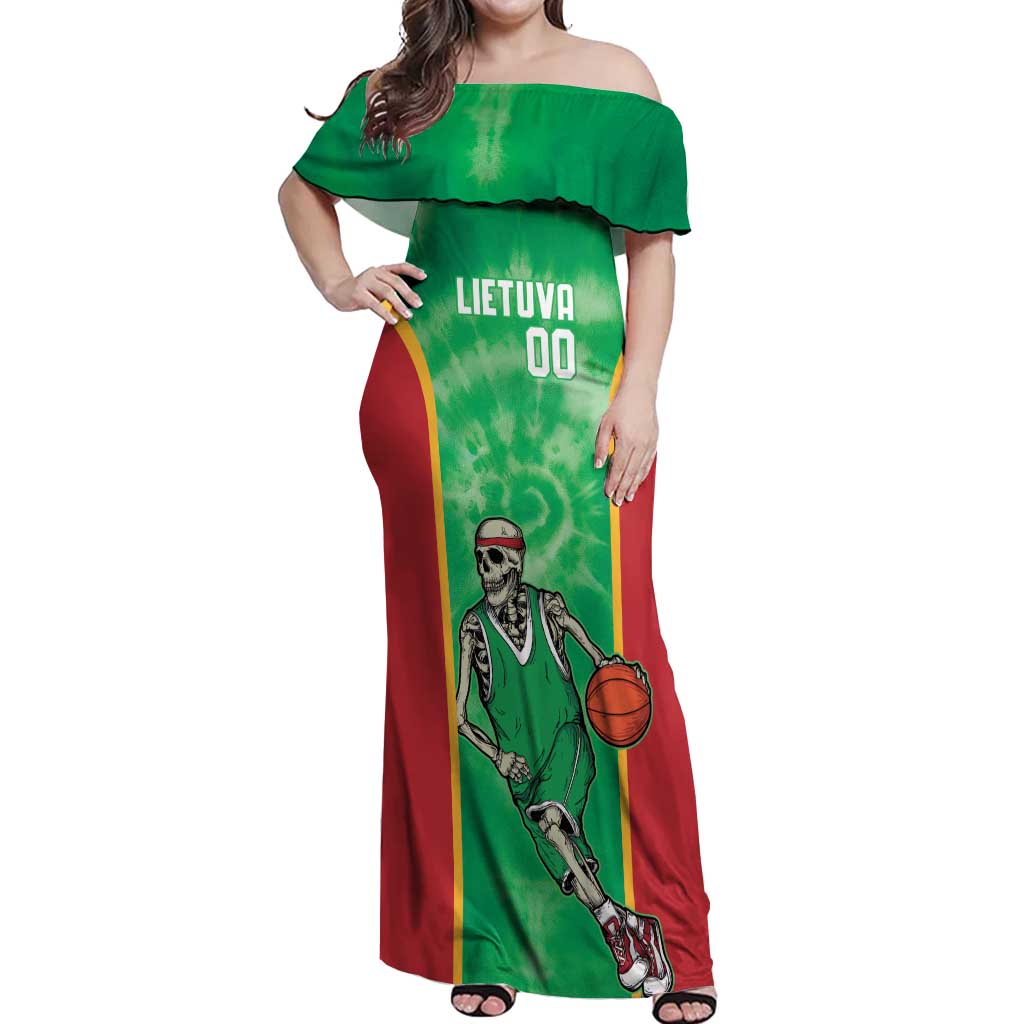 Lithuania Tie Dye Basketball Custom Off Shoulder Maxi Dress Lietuva Skeleton Green - Wonder Print Shop