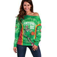Lithuania Tie Dye Basketball Custom Off Shoulder Sweater Lietuva Skeleton Green - Wonder Print Shop
