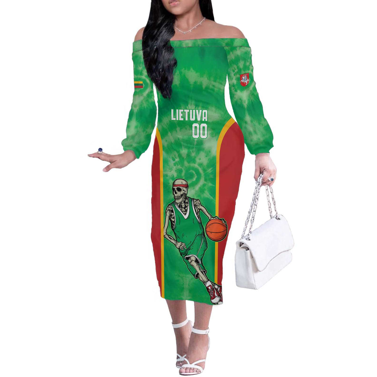 Lithuania Tie Dye Basketball Custom Off The Shoulder Long Sleeve Dress Lietuva Skeleton Green - Wonder Print Shop