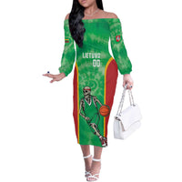 Lithuania Tie Dye Basketball Custom Off The Shoulder Long Sleeve Dress Lietuva Skeleton Green - Wonder Print Shop