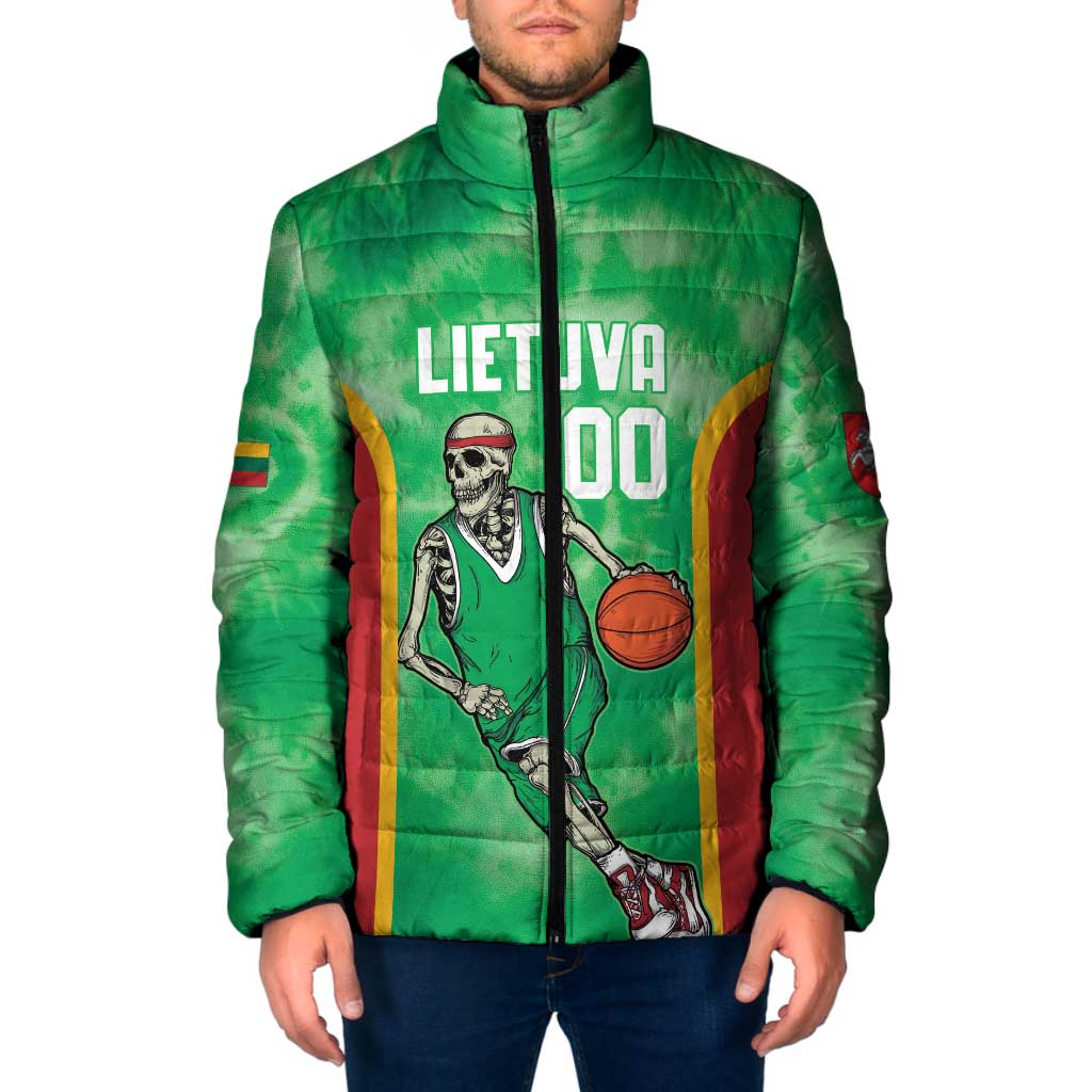 Lithuania Tie Dye Basketball Custom Padded Jacket Lietuva Skeleton Green - Wonder Print Shop