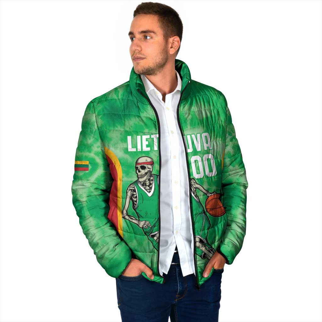 Lithuania Tie Dye Basketball Custom Padded Jacket Lietuva Skeleton Green - Wonder Print Shop