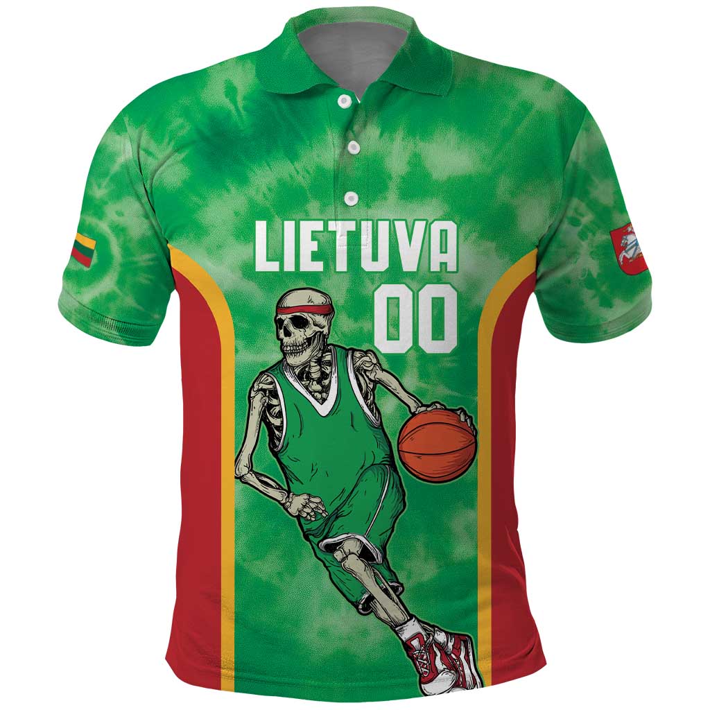 Lithuania Tie Dye Basketball Custom Polo Shirt Lietuva Skeleton Green - Wonder Print Shop