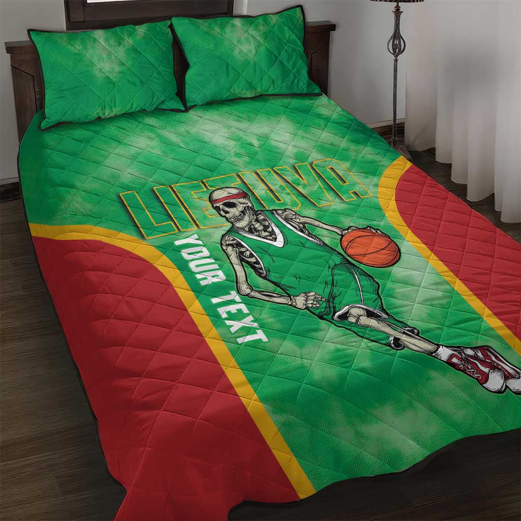 Lithuania Tie Dye Basketball Custom Quilt Bed Set Lietuva Skeleton Green - Wonder Print Shop