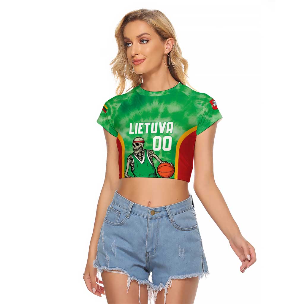 Lithuania Tie Dye Basketball Custom Raglan Cropped T Shirt Lietuva Skeleton Green - Wonder Print Shop