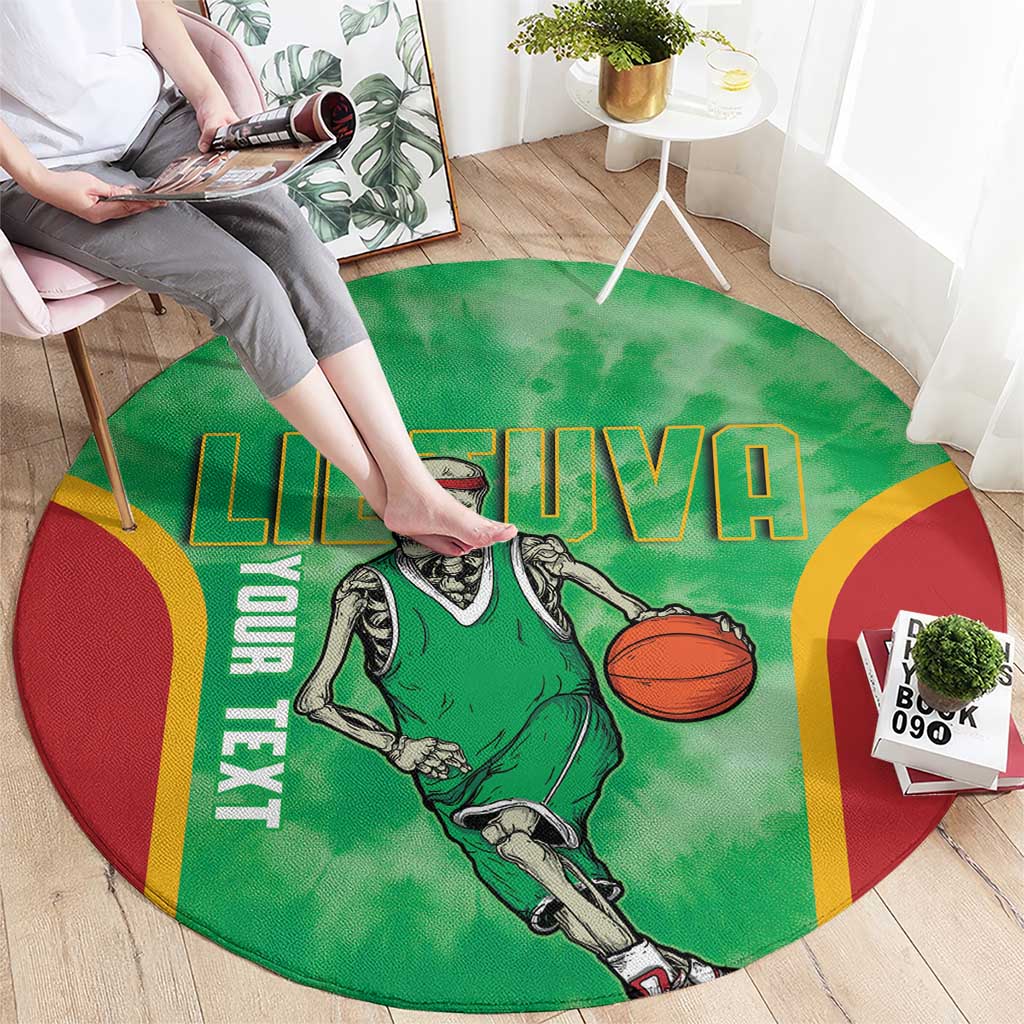 Lithuania Tie Dye Basketball Custom Round Carpet Lietuva Skeleton Green - Wonder Print Shop