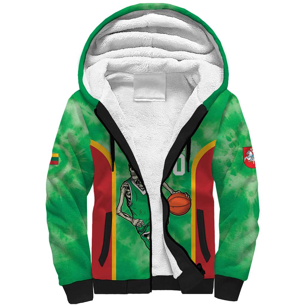 Lithuania Tie Dye Basketball Custom Sherpa Hoodie Lietuva Skeleton Green - Wonder Print Shop