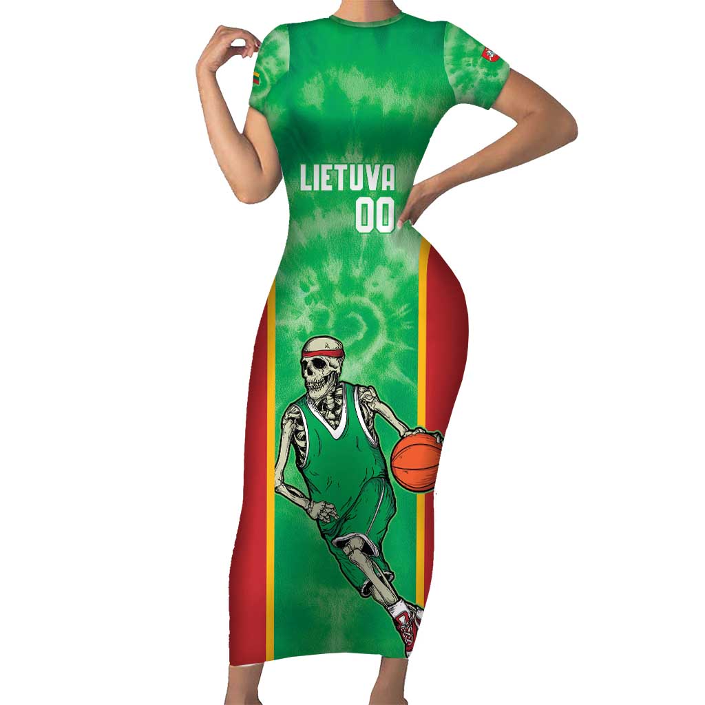Lithuania Tie Dye Basketball Custom Short Sleeve Bodycon Dress Lietuva Skeleton Green - Wonder Print Shop
