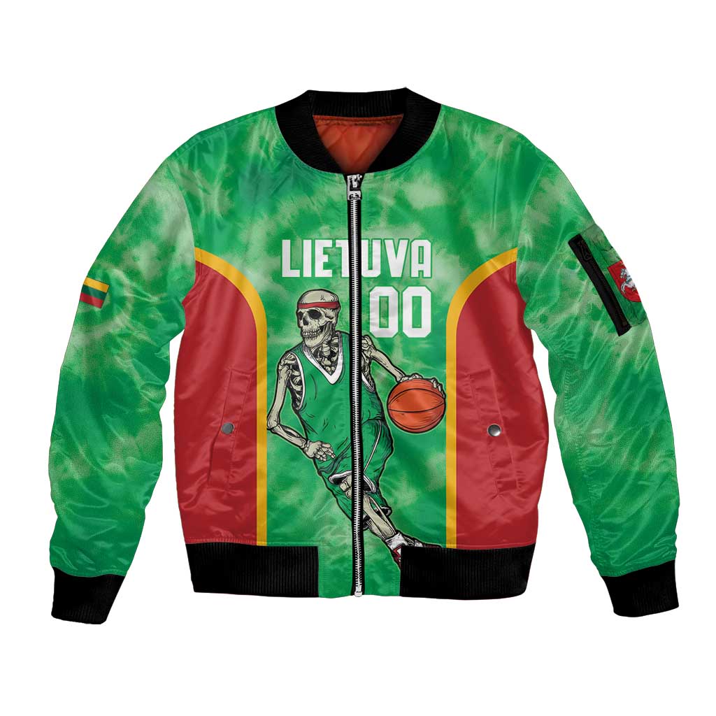 Lithuania Tie Dye Basketball Custom Sleeve Zip Bomber Jacket Lietuva Skeleton Green - Wonder Print Shop