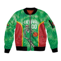 Lithuania Tie Dye Basketball Custom Sleeve Zip Bomber Jacket Lietuva Skeleton Green - Wonder Print Shop