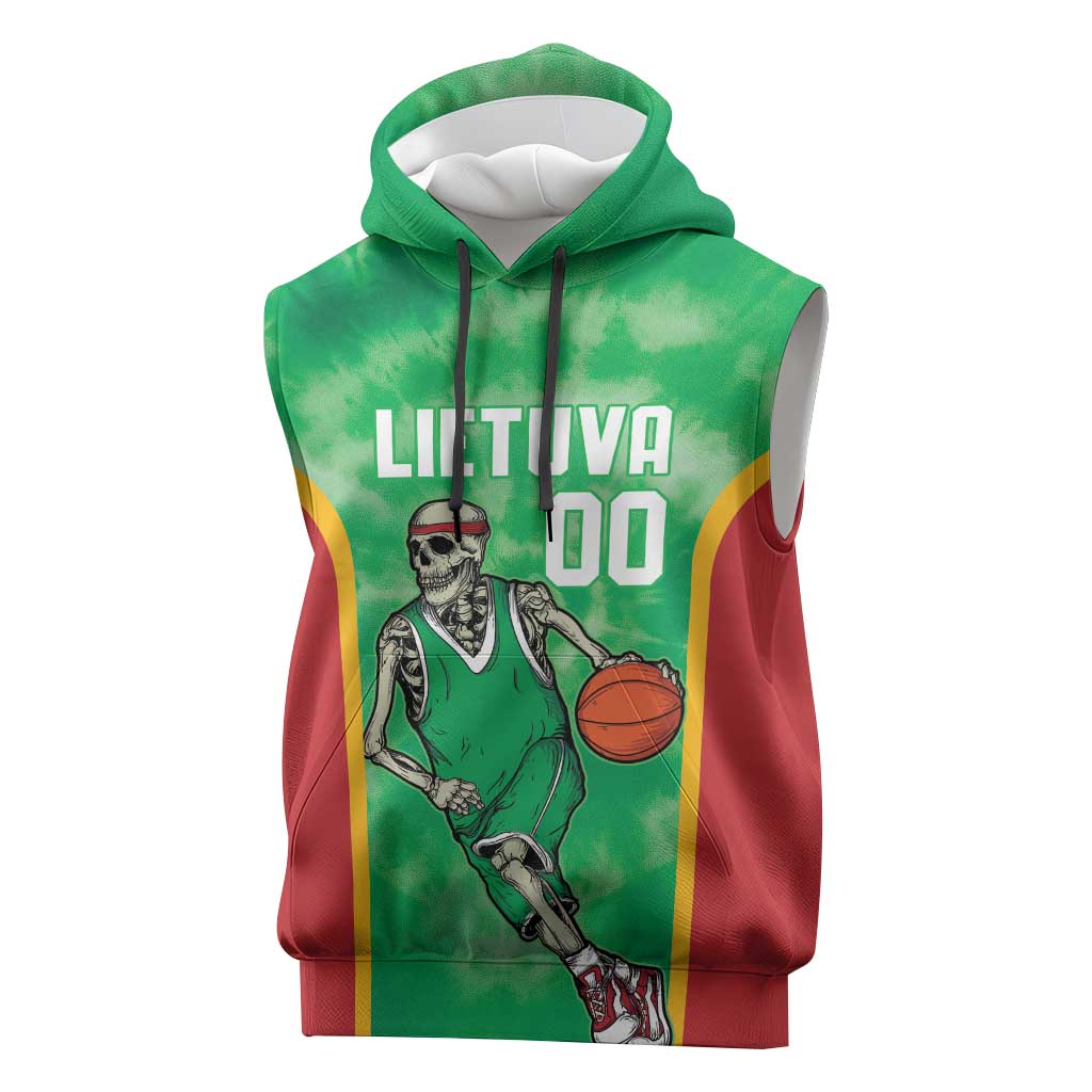 Lithuania Tie Dye Basketball Custom Sleeveless Hoodie Lietuva Skeleton Green - Wonder Print Shop