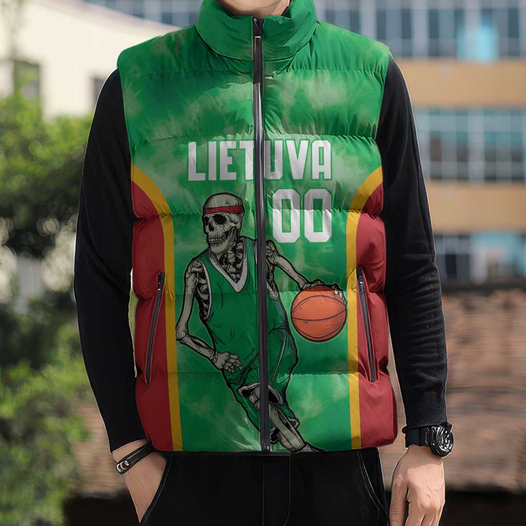 Lithuania Tie Dye Basketball Custom Sleeveless Puffer Jacket Lietuva Skeleton Green - Wonder Print Shop