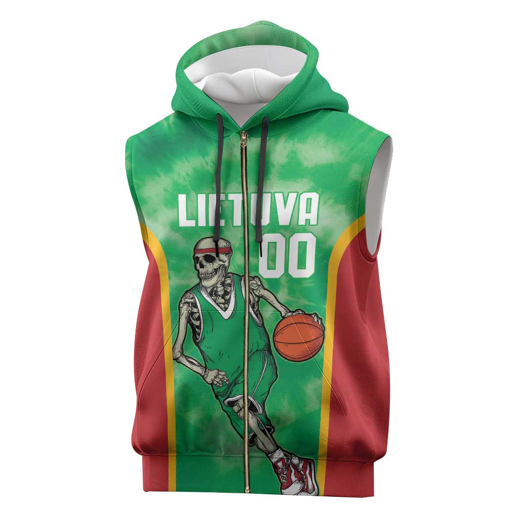 Lithuania Tie Dye Basketball Custom Sleeveless Zip Hoodie Lietuva Skeleton Green - Wonder Print Shop