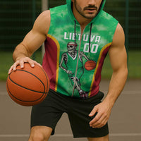 Lithuania Tie Dye Basketball Custom Sleeveless Zip Hoodie Lietuva Skeleton Green - Wonder Print Shop